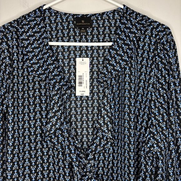 WORTHINGTON NEW Wrap Blouse XL 3/4 Sleeve V-Neck Black Blue White Ruffle XL - Picture 1 of 6